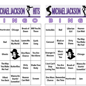 K&ouml;nnte beinhalten: Eine violette und wei&szlig;e Bingokarte mit dem Titel "Michael Jackson Hits" und einer Liste von Michael-Jackson-Songs in jedem Feld. Die Karte ist so gestaltet, dass sie wie eine traditionelle Bingokarte aussieht.