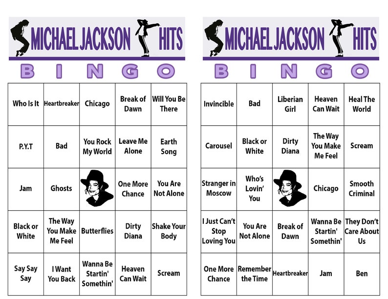 K&ouml;nnte beinhalten: Eine violette und wei&szlig;e Bingokarte mit dem Titel "Michael Jackson Hits" und einer Liste von Michael-Jackson-Songs in jedem Feld. Die Karte ist so gestaltet, dass sie wie eine traditionelle Bingokarte aussieht.