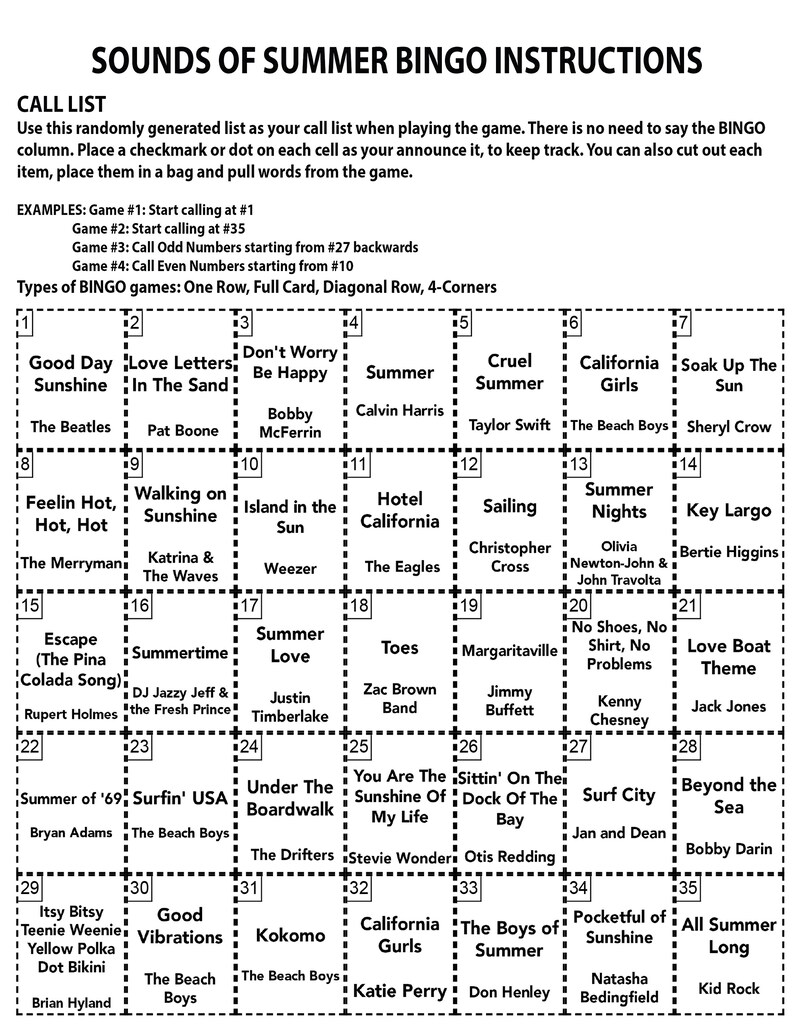 Pode incluir: Um cart&atilde;o de bingo de ver&atilde;o com uma grade de 25 quadrados. Cada quadrado cont&eacute;m uma palavra ou frase com tema de ver&atilde;o, como "Good Day Sunshine", "Summer Love", "California Girls" e "Surfin' USA".