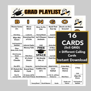 Graduation Song Bingo, Schwarz und Gold Graduation Singo, 16 verschiedene Karten, Rap, Alternative Hip Hop Musik, 47 verschiedene Songs enthalten