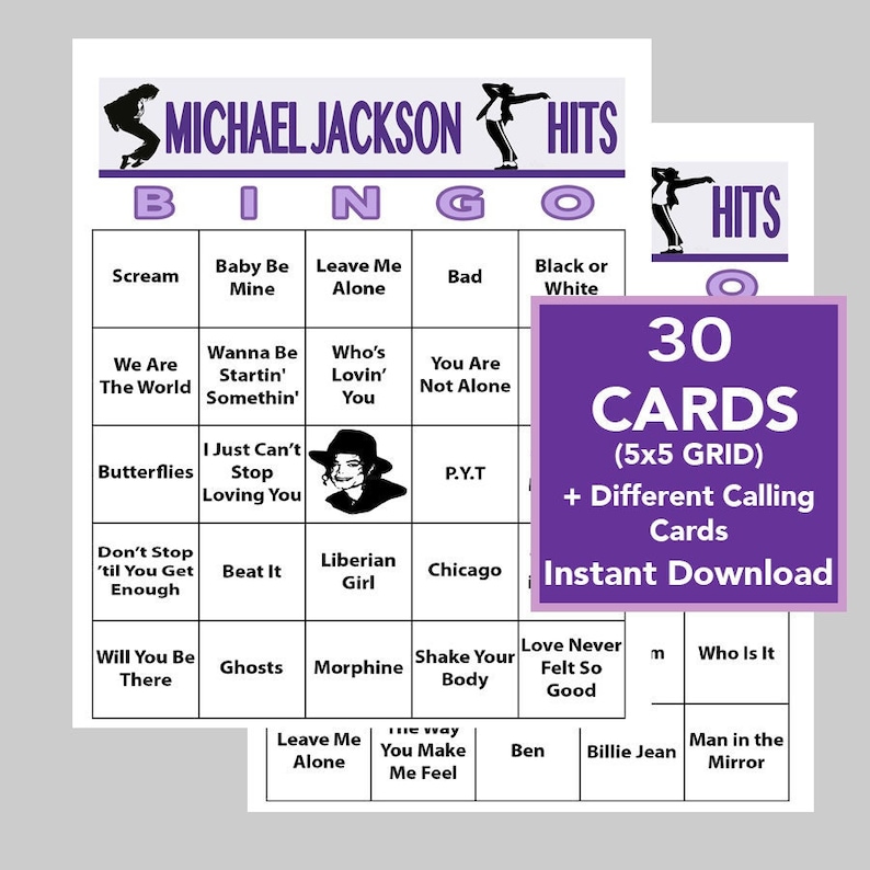 Puede incluir: Un juego de tarjetas de bingo de Michael Jackson imprimibles con 30 tarjetas, cada una con una cuadr&iacute;cula de 5x5 de t&iacute;tulos de canciones. El juego de tarjetas incluye diferentes tarjetas de llamada para una noche de juegos divertida. La imagen muestra un fondo morado con texto blanco y una imagen en blanco y negro de Michael Jackson.