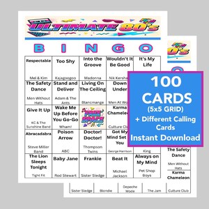 May include: A bingo game set with an 80s theme, featuring a grid of song titles and artist names. The game includes 100 cards, a 5x5 grid, and different calling cards. The design incorporates vibrant colors and retro graphics.