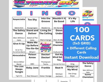 80's Music Hits Bingo Game, 100 Printable Cards (Digital Download), Music Playlist Included