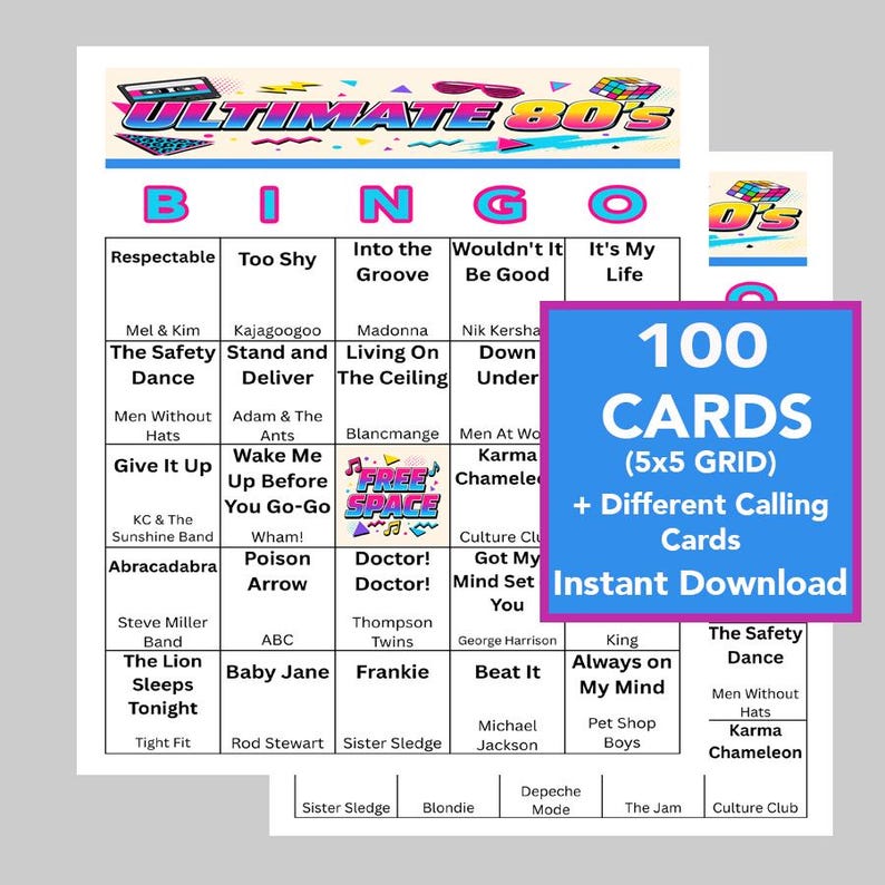 May include: A bingo game set with an 80s theme, featuring a grid of song titles and artist names. The game includes 100 cards, a 5x5 grid, and different calling cards. The design incorporates vibrant colors and retro graphics.