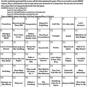 May include: A bingo card with a black and white grid containing 46 squares. Each square has a different phrase related to the 1980s. The title of the card is "Totally 80's Bingo Instructions".