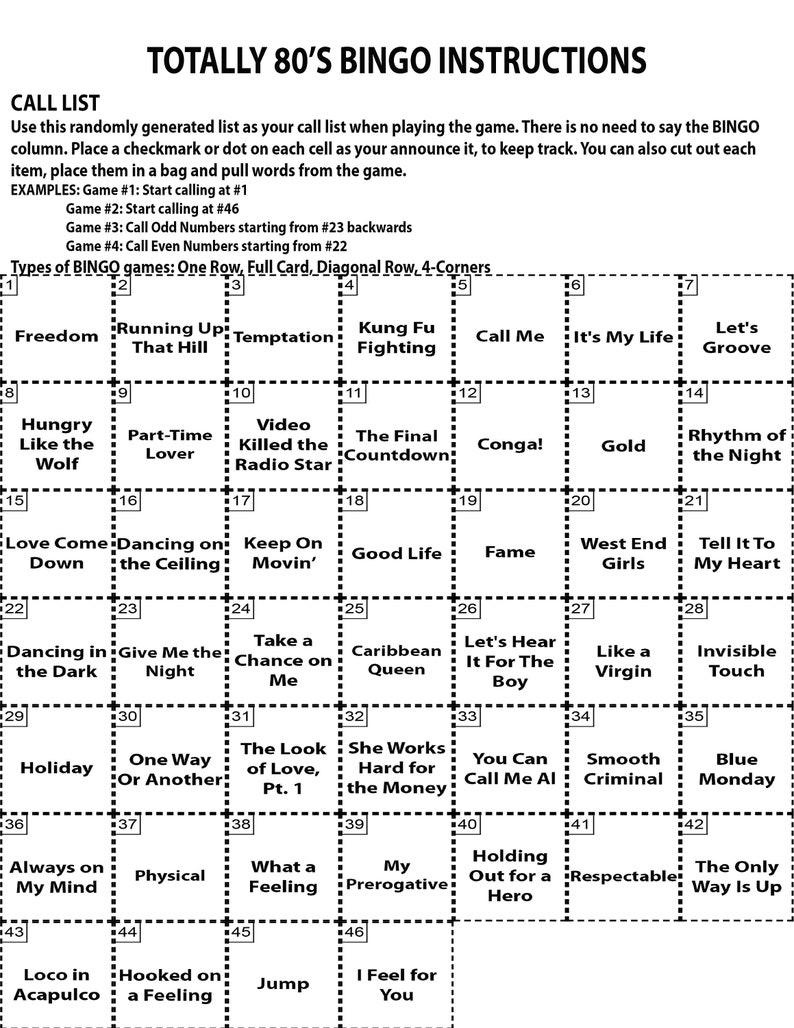 May include: A bingo card with a black and white grid containing 46 squares. Each square has a different phrase related to the 1980s. The title of the card is "Totally 80's Bingo Instructions".