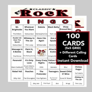 Rock classico, Bingo di musica rock, Festa di musica rock, Download digitale istantaneo, 100 cartelle bingo diverse, 55 canzoni, playlist Spotify inclusa