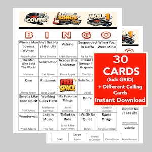 May include: A bingo card set with a music theme. The cards feature song titles and artist names. The set includes 30 cards in a 5x5 grid, plus different calling cards. The words "Instant Download" are also visible.