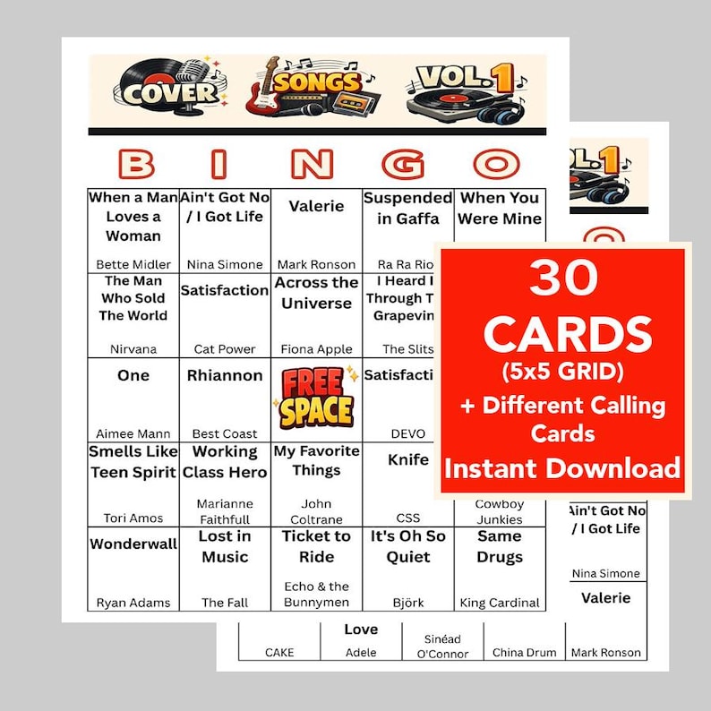May include: A music-themed bingo card set. The cards display song titles and artist names. The set includes 30 cards in a 5x5 grid, plus different calling cards. The words "Instant Download" are also visible.
