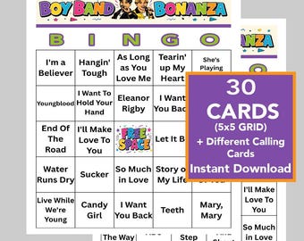 Boy Band Music Hits Party Bingo Game | Printable Music Bingo | Instant Download | Group Party Game, 30 Different Cards, Music Playlist Incl