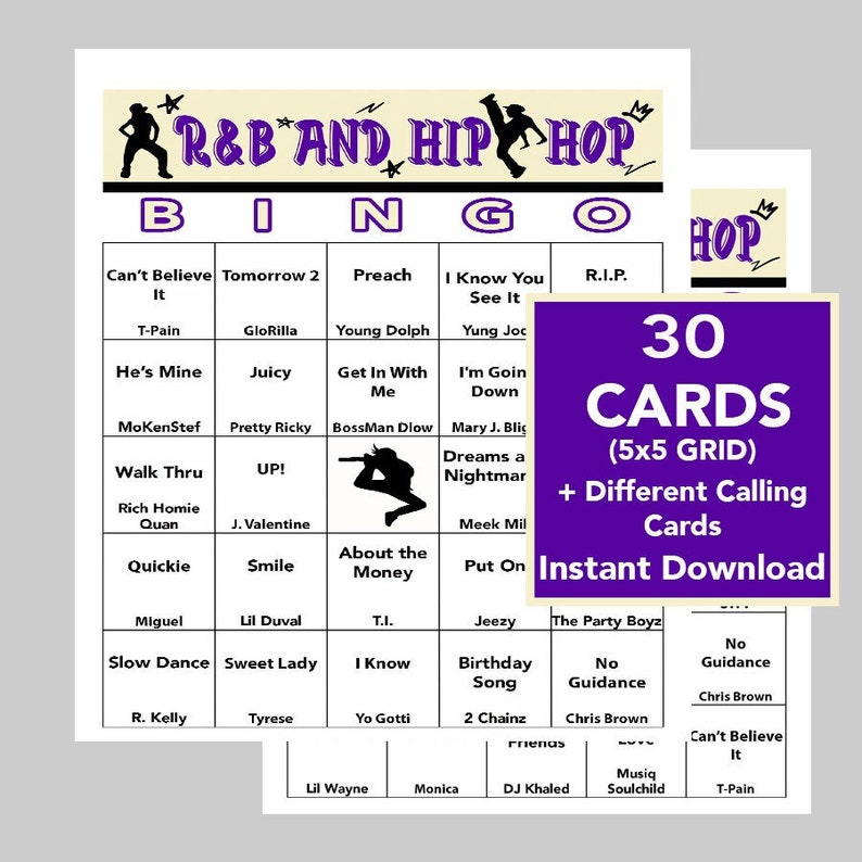Pu&ograve; includere: Una scheda di bingo di colore viola e bianco con il titolo "R&B and Hip Hop Bingo" e 30 caselle con i nomi di artisti R&B e Hip Hop. La scheda fa parte di un set di 30 schede, con un'etichetta viola e bianca che dice "30 Schede (5x5 Griglia) + Schede di Chiamata Diverse Download Immediato".