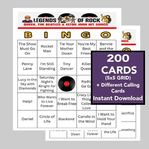 Bingo musical, sucessos dos Beatles, músicas de Elton John, Queen, download digital instantâneo, IMPRIMÍVEL, 200 cartões diferentes, lista de reprodução do Spotify incluída