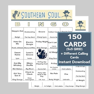 Anos 50, 60, 70, Southern Soul, Blues, Country, R&B, Gospel, Bingo musical, Download digital, 150 cartelas de bingo diferentes, playlist do Spotify