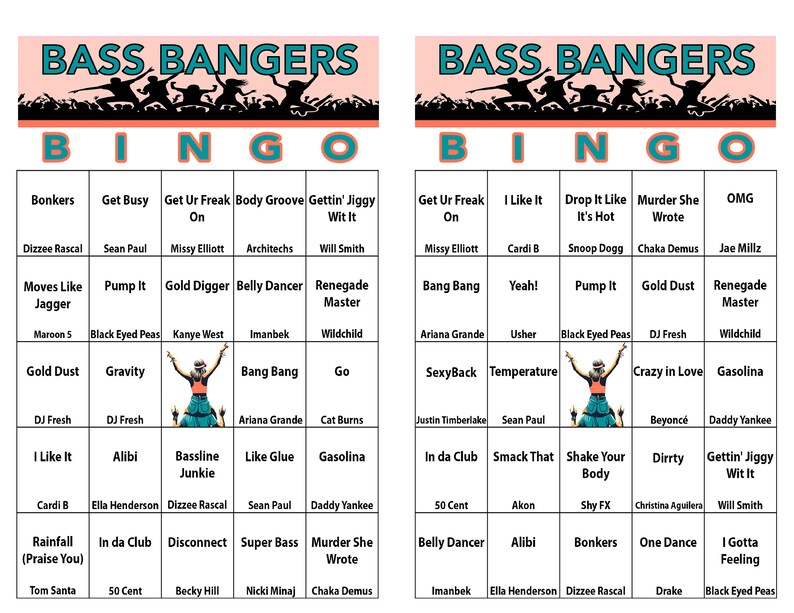 May include: A bingo card with a pink and teal colour scheme. The card is divided into a 5x5 grid with the word "BINGO" at the top. Each square contains a song title and the artist's name. The song titles are all popular bass music songs.