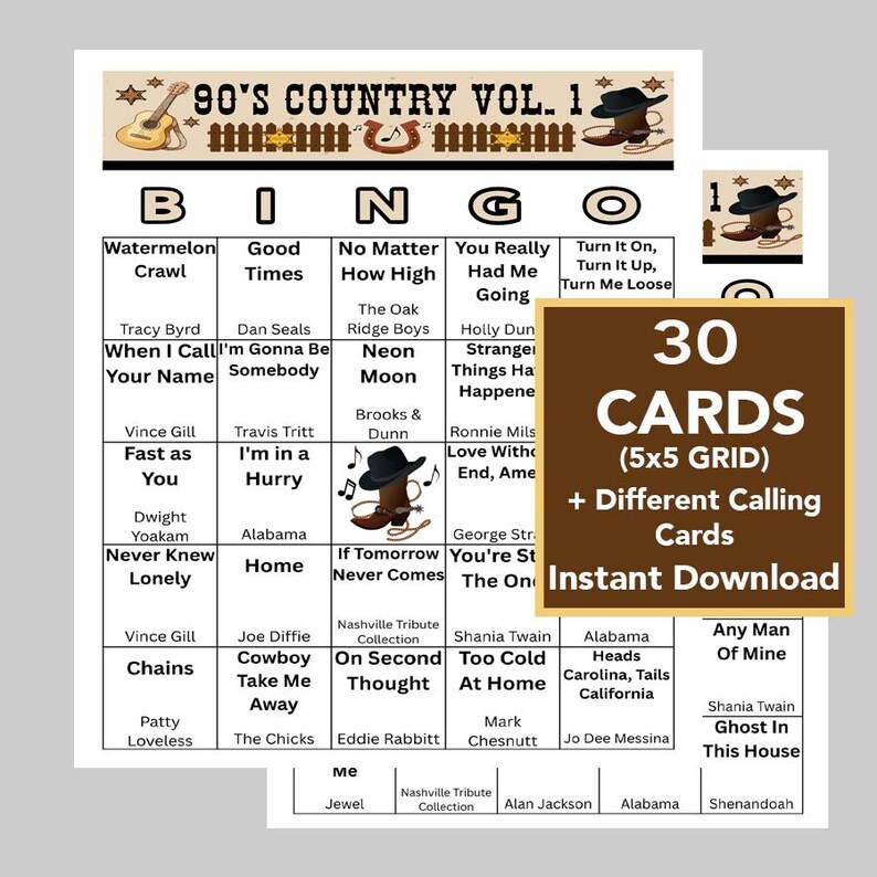 Puede incluir: Un juego de bingo con tem&aacute;tica de m&uacute;sica country. El juego incluye 30 tarjetas con una cuadr&iacute;cula de 5x5, m&aacute;s tarjetas de llamada. El t&iacute;tulo "90's Country Vol. 1" se muestra en la parte superior, con t&iacute;tulos de canciones y nombres de artistas en las tarjetas.