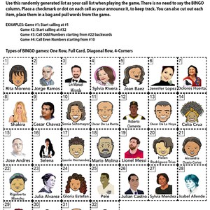 May include: A Hispanic Heritage Bingo game card with 36 squares featuring portraits of notable Hispanic people. Each square has a number from 1 to 36. The names of the people are listed below their portraits.