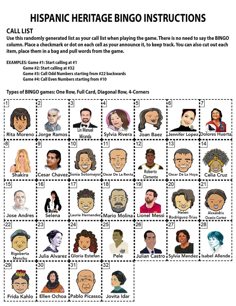 May include: A Hispanic Heritage Bingo game card with 36 squares featuring portraits of notable Hispanic people. Each square has a number from 1 to 36. The names of the people are listed below their portraits.