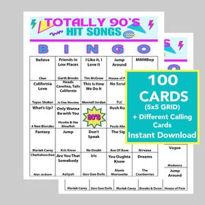 Hits musicaux des années 90, jeu de bingo des années 90, téléchargement numérique, jeux de bingo, 100 cartes uniques, 70 chansons, liste de lecture Spotify et liste d'appels incluses