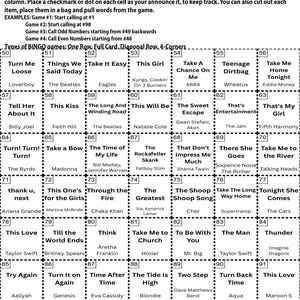 May include: A black and white bingo card with song titles and artist names. The card is divided into a grid, with each cell containing a song title and artist. The game is called T-Tunes Bingo.