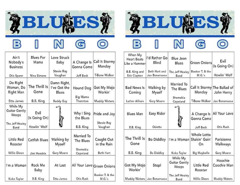 Pu&ograve; includere: Un tabellone di bingo in bianco e nero con uno sfondo blu e la parola "BLUES" in grandi lettere bianche in alto. Il tabellone &egrave; pieno di caselle legate alla musica blues, tra cui titoli di canzoni, artisti e strumenti.