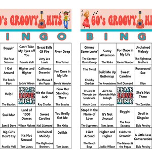 May include: A colourful bingo card with a 60s groovy hits theme. The card features a peace sign with the words "Peace Love Music" in the centre. The card has 25 squares with song titles from the 1960s, including "I Got You", "Ring of Fire", "The Twist", "Help!" and "Delilah".