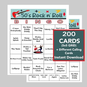50's Rock 'n' Roll, 50's Rock 'n' Roll Bingo, Music Games, Rock 'n' Roll Party, Digital Download, 200 Bingo cards, Spotify Playlist Included