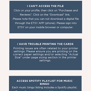 Pu&ograve; includere: Grafica color crema con la parola "FAQs" in lettere dorate. Sotto, tre rettangoli blu contengono testo che risponde alle domande pi&ugrave; frequenti dei clienti sull'accesso ai file, sui problemi di stampa e sulle playlist di Spotify per il bingo musicale.