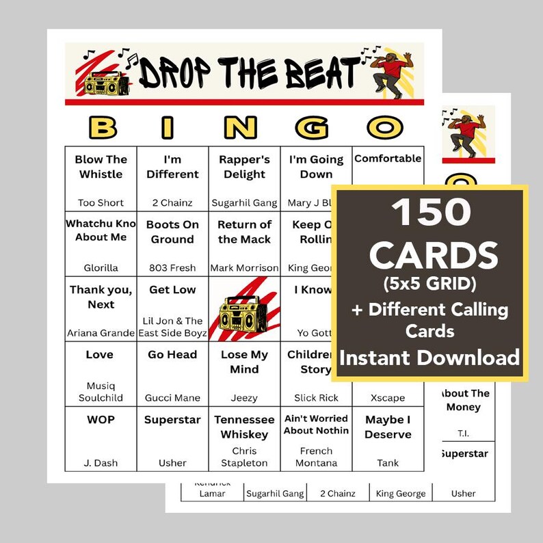 K&ouml;nnte beinhalten: Ein Bingo-Spielset mit 150 Karten, einem 5x5-Raster und Anrufkarten. Das Spiel hat ein "Drop the Beat"-Thema mit Songtiteln und K&uuml;nstlernamen. Die Worte "Sofort-Download" sind ebenfalls sichtbar.