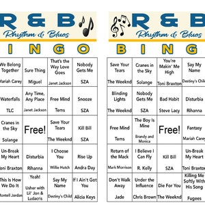May include: A bingo card with a R&B theme. The card features names of popular R&B artists and songs. The free space is labeled "Free!" and the card is divided into a 5x5 grid.
