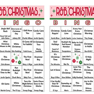 May include: A Christmas Bingo card with a red and green color scheme. The card features a variety of Christmas-themed squares, including "Merry Christmas Baby", "Jingle Bell Rock", "Give Love on Christmas Day", "I Still Have You", "Candy Cane Lane", "Christmas Rappin'" and "Every Year Every Christmas".