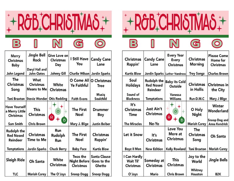 May include: A Christmas Bingo card with a red and green color scheme. The card features a variety of Christmas-themed squares, including "Merry Christmas Baby", "Jingle Bell Rock", "Give Love on Christmas Day", "I Still Have You", "Candy Cane Lane", "Christmas Rappin'" and "Every Year Every Christmas".