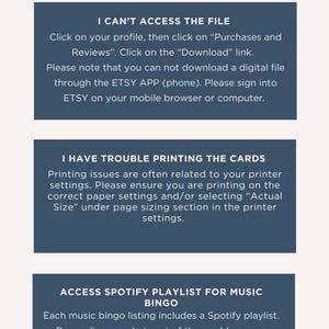 Puede incluir: Un gr&aacute;fico azul y blanco con el texto "FAQs continued..." y tres secciones con los t&iacute;tulos: "No puedo acceder al archivo", "Tengo problemas para imprimir las tarjetas" y "Acceder a la lista de reproducci&oacute;n de Spotify para el bingo musical".