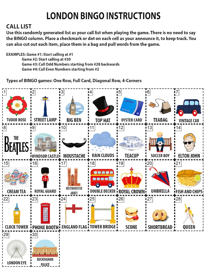 LONDON Bingo London Sightseeing England Party Digital - Etsy