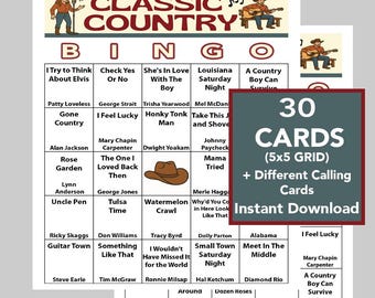 Country Music Hits, Classic Country Music, Music Bingo, Instant Digital Download, 30 Different Bingo cards, Spotify Playlist included