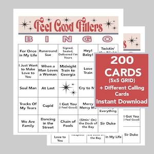 Music Bingo, Feel Good Music Games, 60,&#39;s, 70&#39;s, and 80&#39;s Party, Instant Digital Download, 200 Bingo cards, Spotify Playlist Included