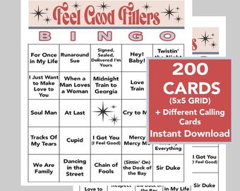 Music Bingo, Feel Good Music Games, 60,'s, 70's, and 80's Party, Instant Digital Download, 200 Bingo cards, Spotify Playlist Included