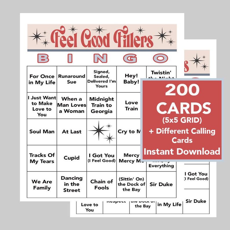 Puede incluir: Una tarjeta de bingo imprimible con el t&iacute;tulo "Feel Good Fillers" y una lista de t&iacute;tulos de canciones en cada casilla. La tarjeta forma parte de un conjunto de 200 tarjetas, con una cuadr&iacute;cula de 5x5 y diferentes tarjetas de llamada. El texto "Descarga instant&aacute;nea" tambi&eacute;n est&aacute; incluido.