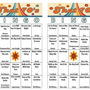 May include: Two bingo cards with a 1970s theme. The cards feature song titles and artist names, with the words "That 70's" at the top. The cards are in a grid format with colourful floral accents.
