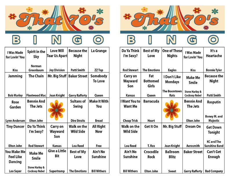 May include: Two bingo cards with a 1970s theme. The cards feature song titles and artist names, with the words "That 70's" at the top. The cards are in a grid format with colourful floral accents.