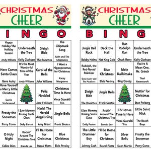 Peut inclure: Un carton de bingo de No&euml;l avec une bordure verte et rouge. Le carton comporte 25 cases avec des chansons et des artistes sur le th&egrave;me de No&euml;l. La case centrale est un sapin de No&euml;l.