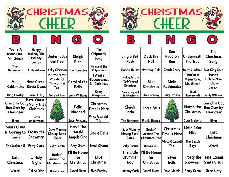 Peut inclure: Un carton de bingo de No&euml;l avec une bordure verte et rouge. Le carton comporte 25 cases avec des chansons et des artistes sur le th&egrave;me de No&euml;l. La case centrale est un sapin de No&euml;l.