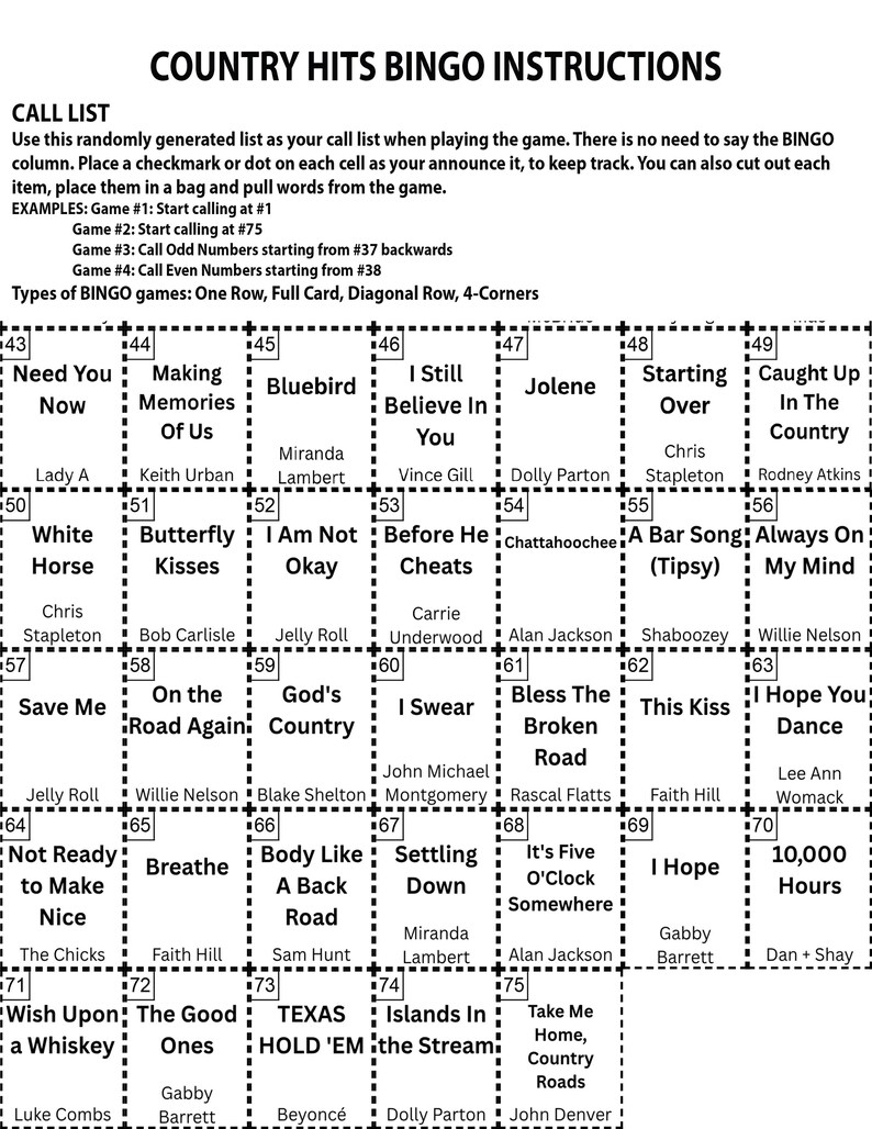 Country-Musik-Bingokarten, 500 einzigartige Spiele, Sofort-Download, Musik-Wiedergabeliste Bild 4