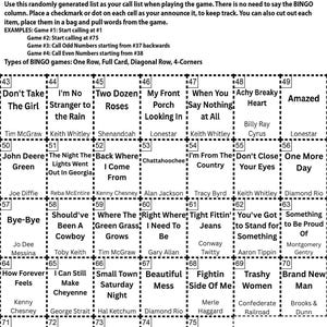 May include: A 90s Country Vol. 2 Bingo game instruction sheet. The black and white grid features song titles and artist names, with instructions for various bingo game types.