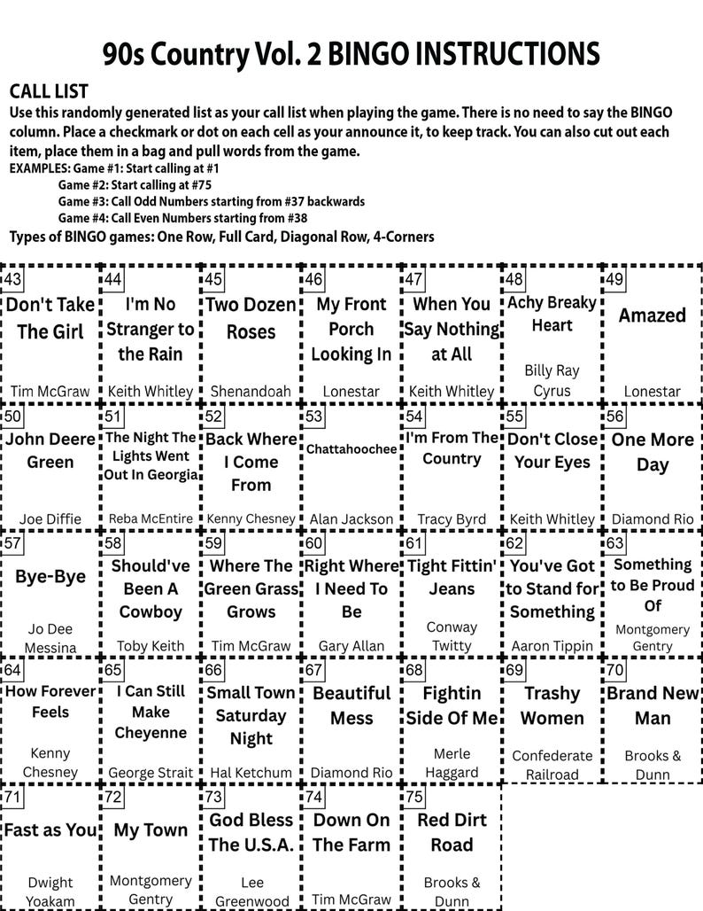 May include: A 90s Country Vol. 2 Bingo game instruction sheet. The black and white grid features song titles and artist names, with instructions for various bingo game types.