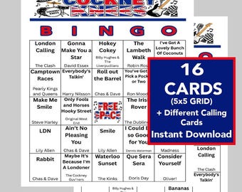 English Theme Songs Bingo Game, Cockney Knees Up Music, (Instant Digital Download), 16 Different Cards, Music Playlist Included