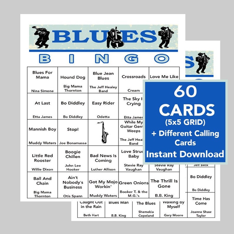 Blues Music, Blues Hits, Blues Music Bingo, Digital Download, Printable Games, 60 Different Bingo cards, Spotify Playlist Link Included image 1
