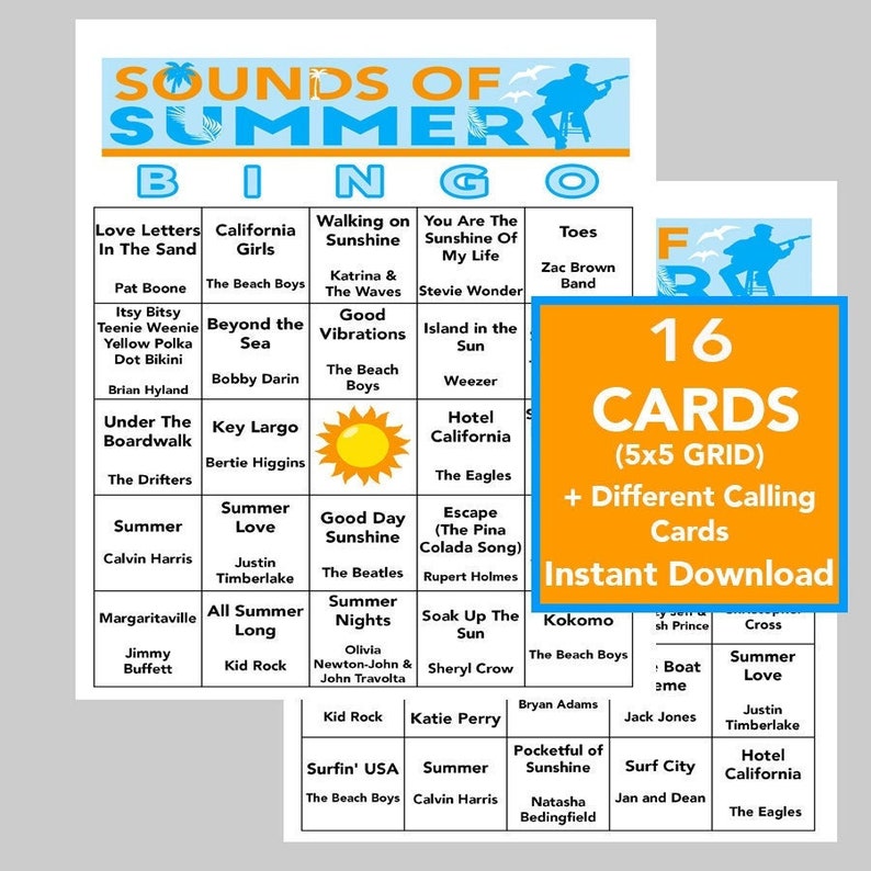 Pode incluir: Um cart&atilde;o de bingo com tema de ver&atilde;o. O cart&atilde;o tem uma grade de 5x5 com quadrados contendo frases sobre o ver&atilde;o e nomes de artistas. O cart&atilde;o &eacute; intitulado "Sounds of Summer Bingo".