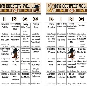 May include: Two bingo cards with a country music theme. Each card features song titles and artist names, with a decorative top banner. The cards are designed with a vintage aesthetic, perfect for country music fans.