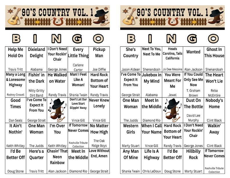 May include: Two bingo cards with a country music theme. Each card features song titles and artist names, with a decorative top banner. The cards are designed with a vintage aesthetic, perfect for country music fans.