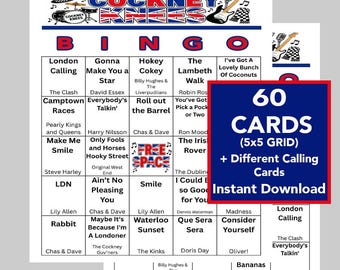 English Theme Songs Bingo Game, Cockney Knees Up Music, (Instant Digital Download), 60 Different Cards, Music Playlist Included